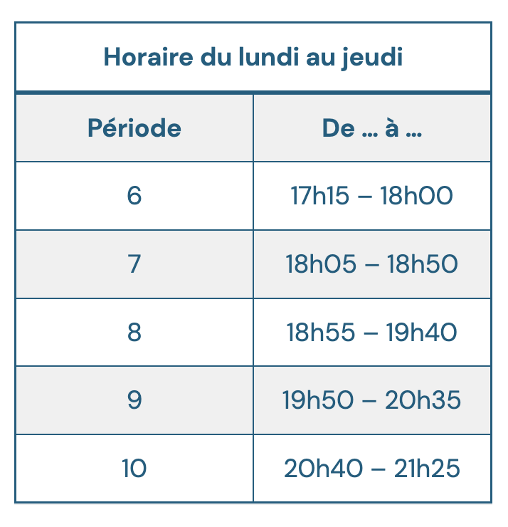 Horaires cours PREP